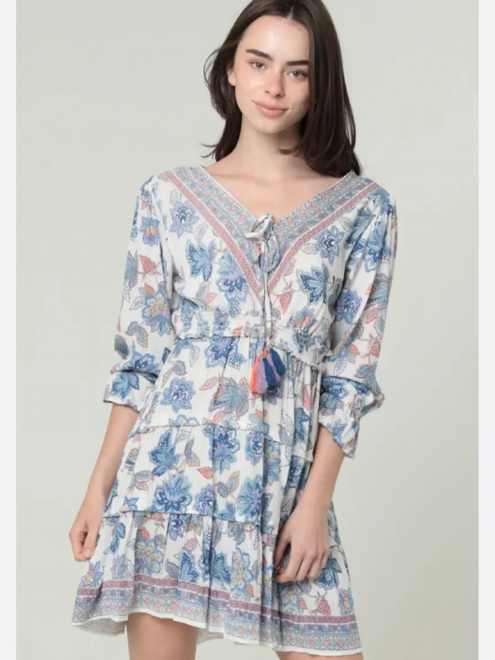 Angie White Tunic Dress with Blue Floral Print and Coral Accents